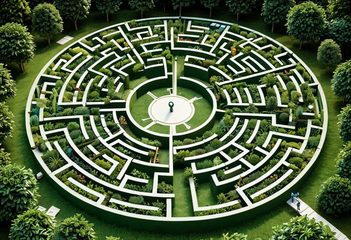A beautifully intricate maze symbolizing the complexities of insurance, surrounded by diverse icons representing coverage options like health, property, and life insurance. At the center, a guiding compass signifies direction and clarity, while a friendly navigator figure (a person looking knowledgeable and approachable) is holding a map showing the path to understanding insurance. Lush greenery decorates the maze, giving a sense of hope and guidance in the daunting landscape. super-realistic. vibrant colors. 3D.