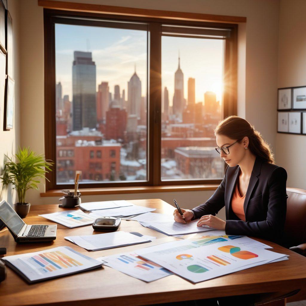 A confident person reviewing insurance documents at a desk, surrounded by icons representing various insurance plans like health, auto, and home. Include a calculator, a pen, and a laptop displaying graphs of savings. Incorporate a warm, inviting office atmosphere with sunlight filtering through the window. Add a subtle background hint of a city skyline to imply urban living. super-realistic. vibrant colors. warm tones.